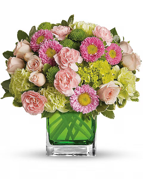 Colorful floral arrangement with pink and gree